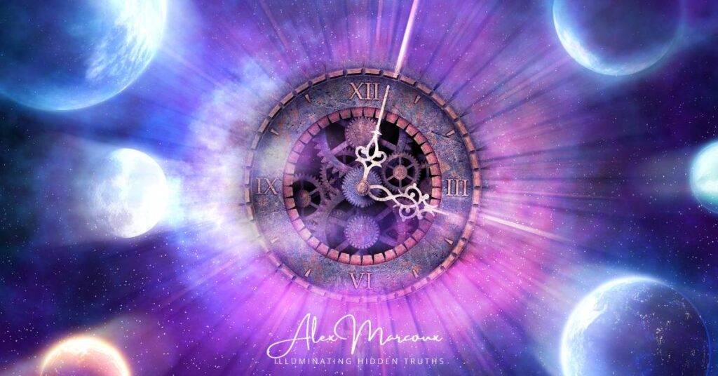 Time-space dimension showing past present and future converging simultaneously