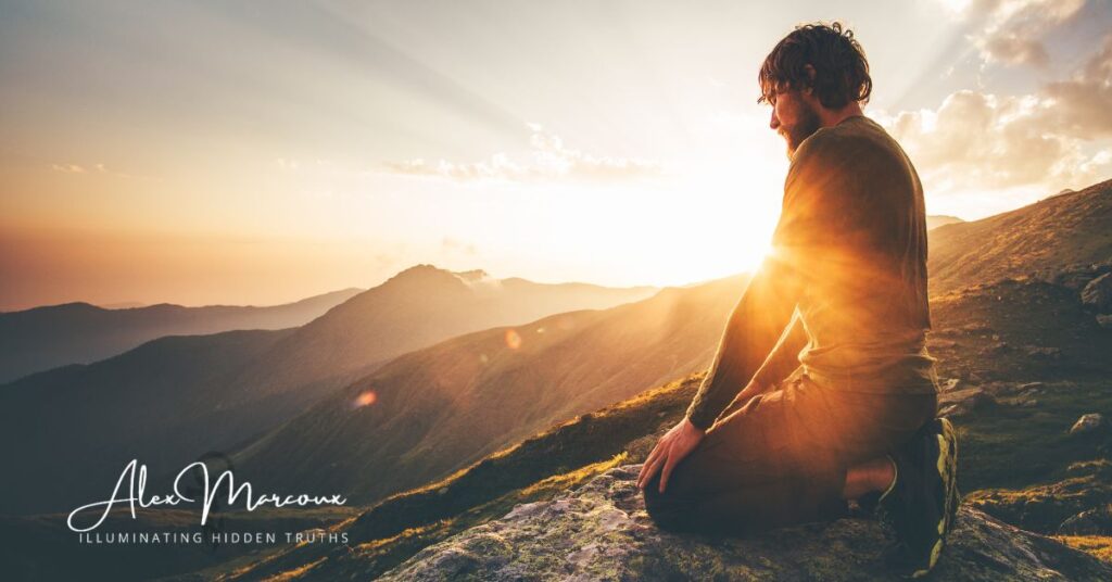 Person meditating at sunrise experiencing spiritual awakening with golden light representing higher consciousness
