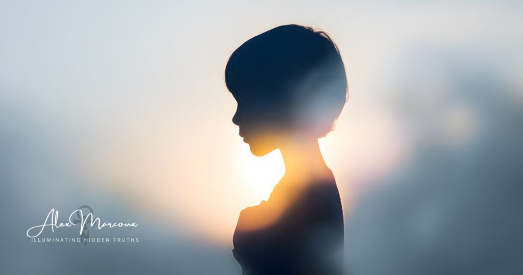 Ethereal child silhouette radiating light and energy representing autism evolution and spiritual consciousness