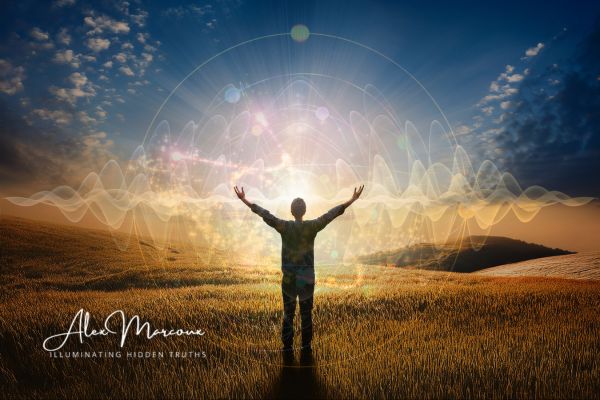 Human consciousness transforming from 3D to 5D frequency with energy waves representing New Earth ascension