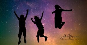 Diamond light frequency emanating from children silhouette against a starfield&mdash;representing Diamond Children and galactic awakening