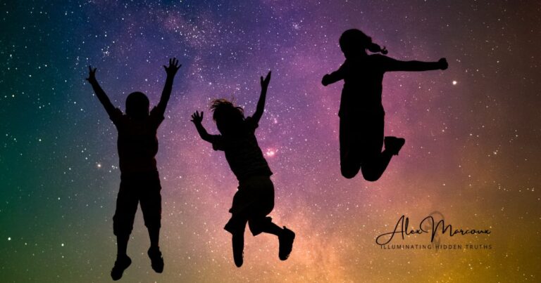 Diamond light frequency emanating from children silhouette against a starfield—representing Diamond Children and galactic awakening
