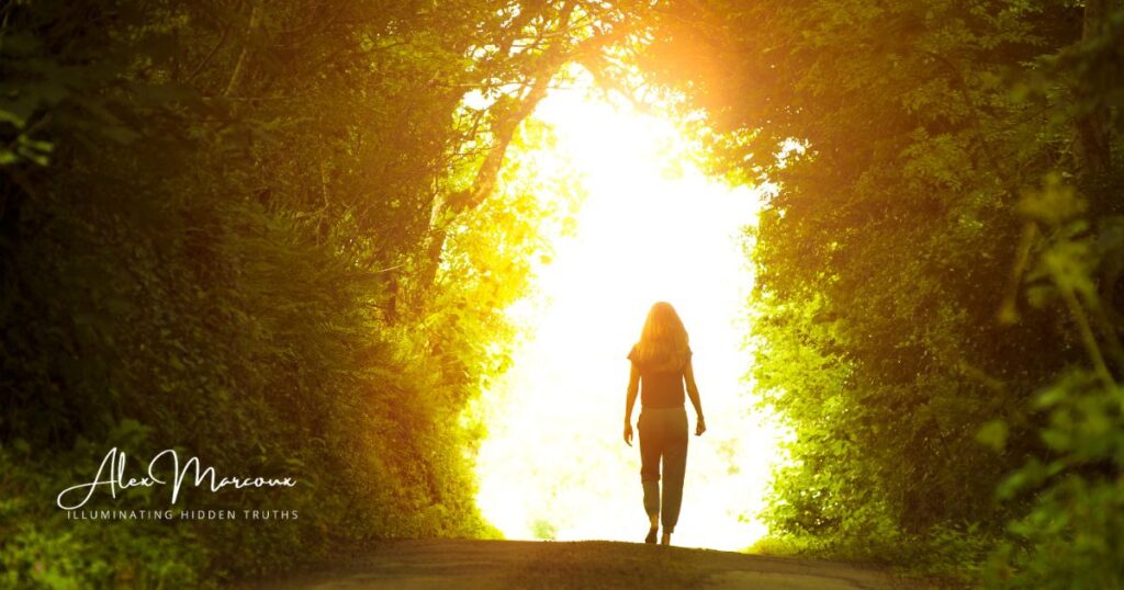 "Person living authentically stepping toward light, symbolizing breaking free from illusion