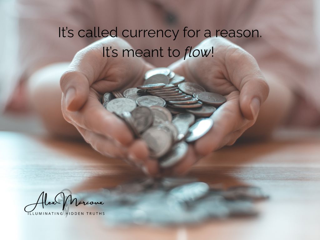 Open hands releasing coins into light, representing letting go of the money hustle