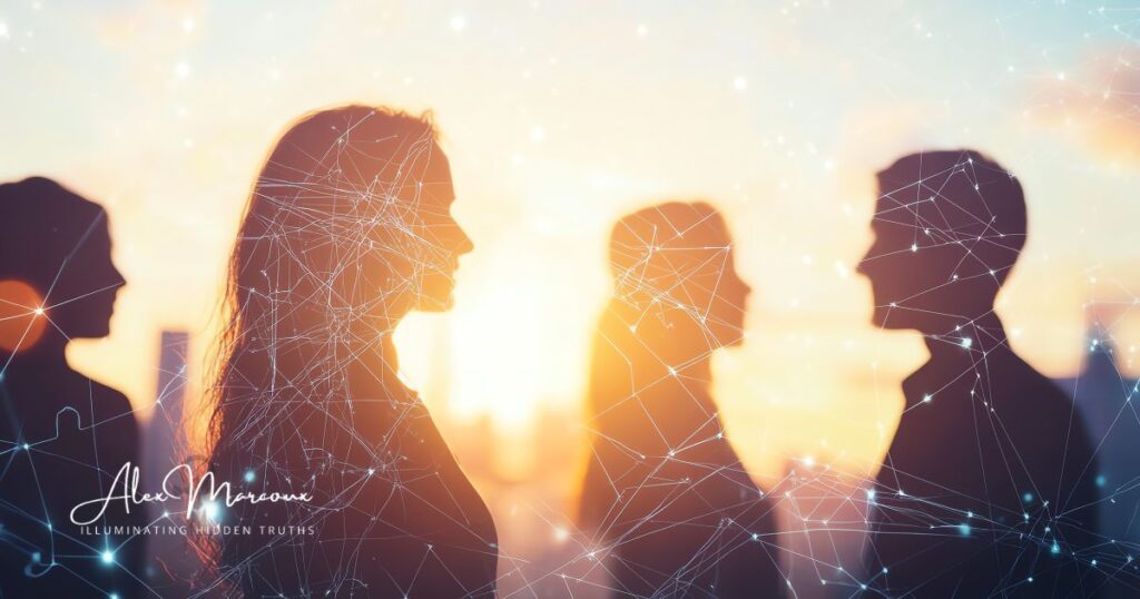 Persons standing in golden light, symbolizing sacred service to humanity