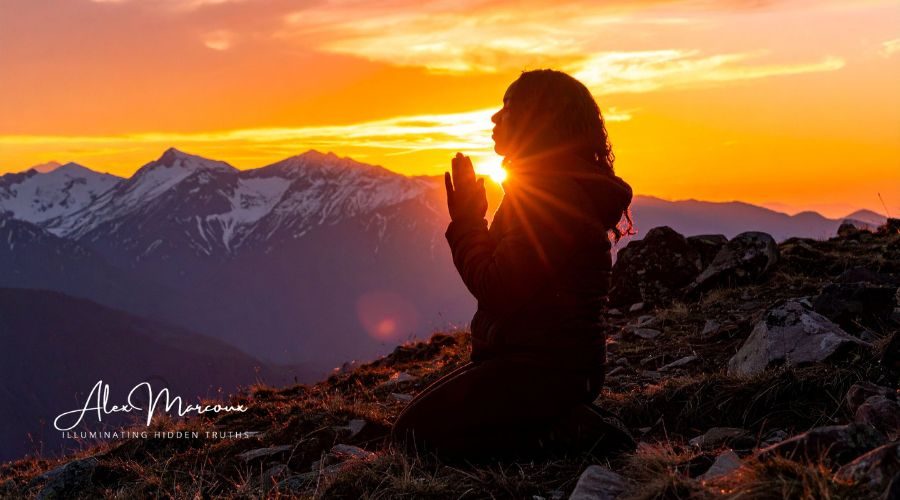 Woman meditating at sunset experiencing spiritual awakening energy activation and consciousness expansion
